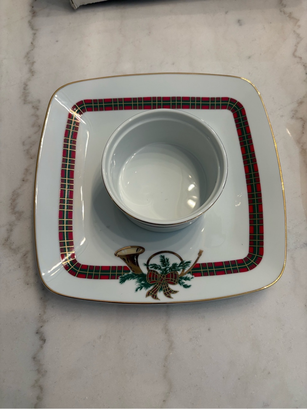 Holiday Plaid Dip Bowl and Square Plate Set - White with Red and Green Trim